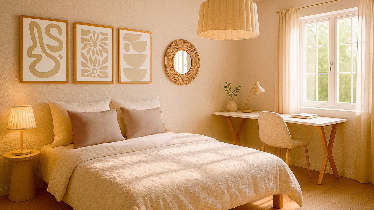 Chambre meublée pour la location avec la collection Cosy Start : lit renforcé anti-tache, linge de lit protégé et bureau